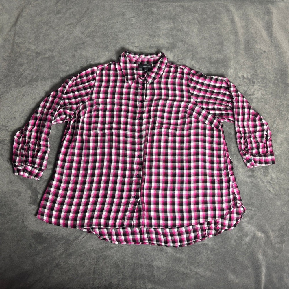 Lane Bryant Plus Size 22/24 Pink Black Plaid Rayon Button Up Shirt Roll Tab